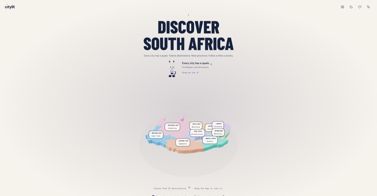 CityLit Discover South Africa screen with a colorful 3D province map and destination labels