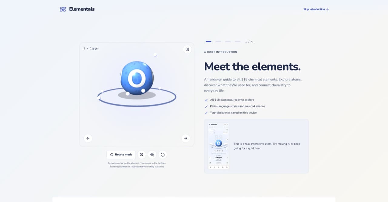 Elementals introduction showing an interactive oxygen atom beside Meet the elements onboarding content