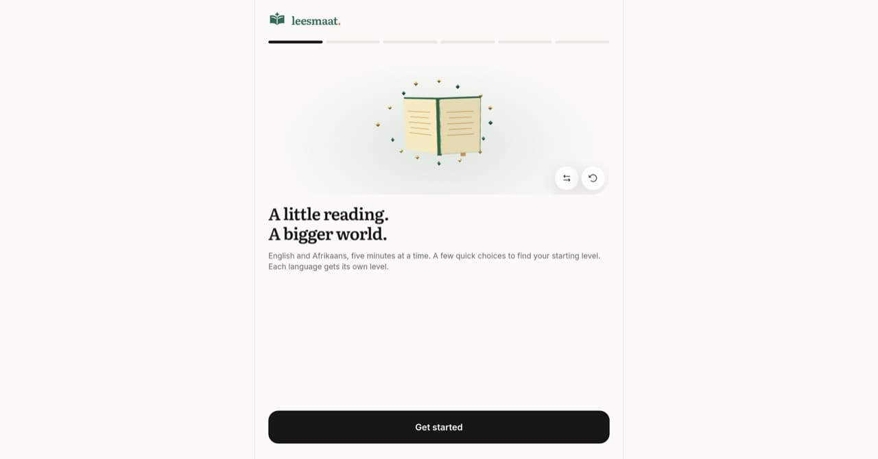 Leesmaat bilingual reading introduction with an open-book illustration and Get started button