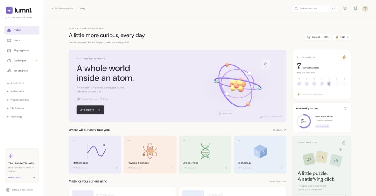 Lumnie learning dashboard with an interactive atom, subject cards and daily learning progress