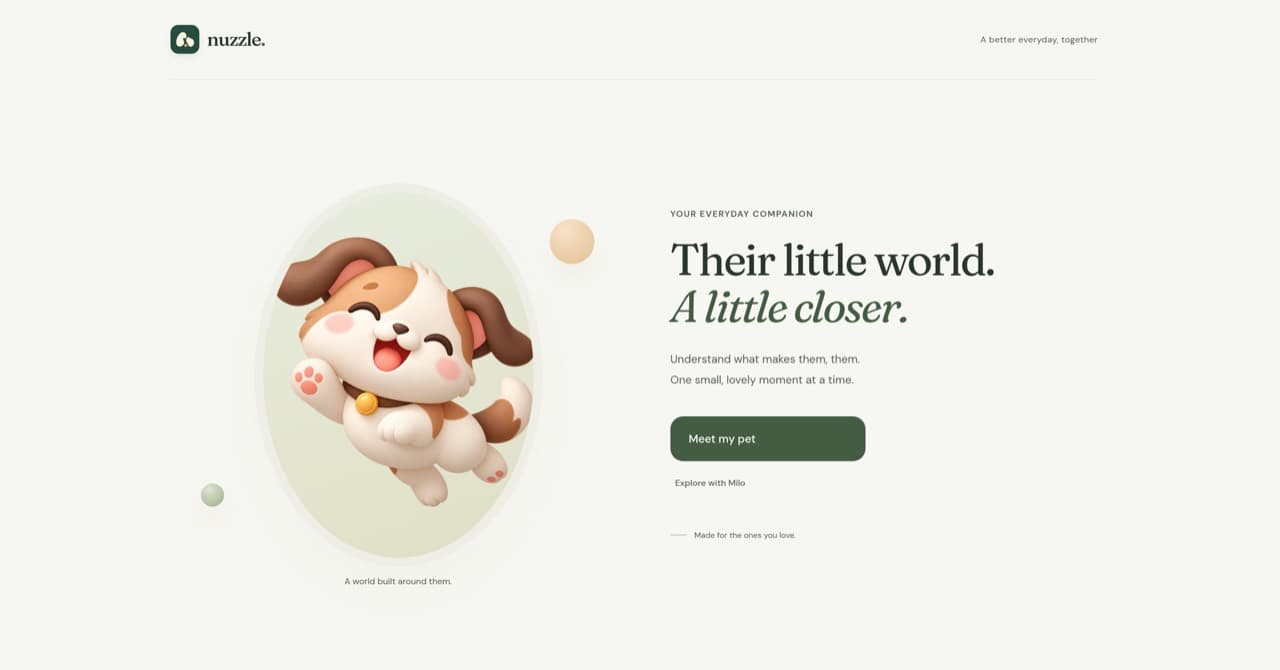 Nuzzle welcome screen with a puppy illustration and Their little world. A little closer headline
