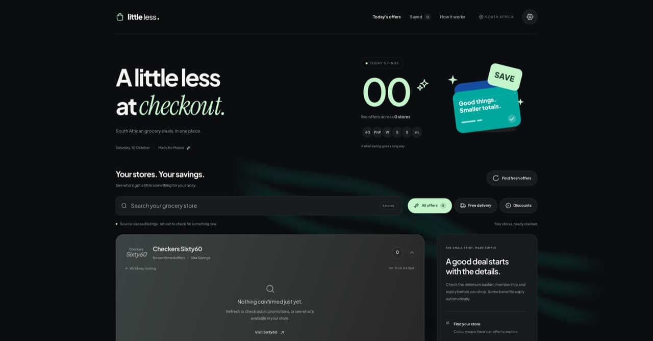 Little Less dark grocery dashboard with store search, offer filters and a Checkers store card